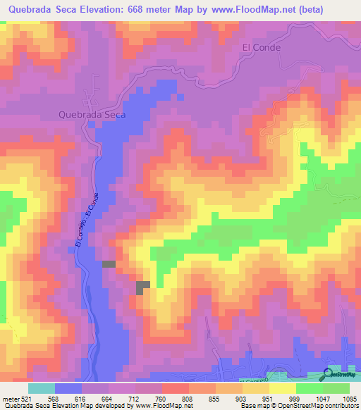 Quebrada Seca,Venezuela Elevation Map