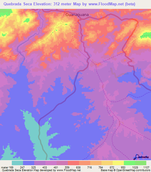 Quebrada Seca,Venezuela Elevation Map