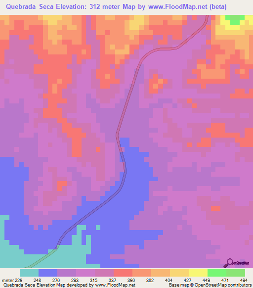 Quebrada Seca,Venezuela Elevation Map
