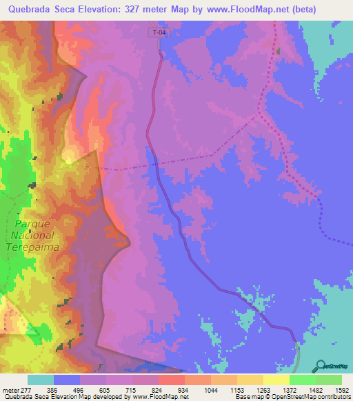 Quebrada Seca,Venezuela Elevation Map