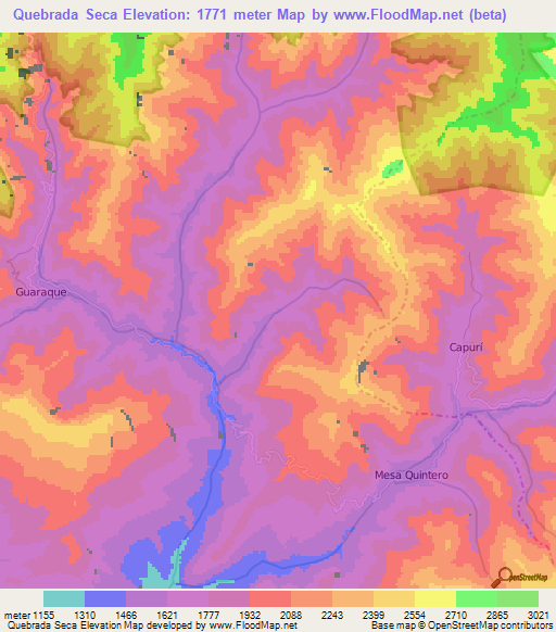 Quebrada Seca,Venezuela Elevation Map