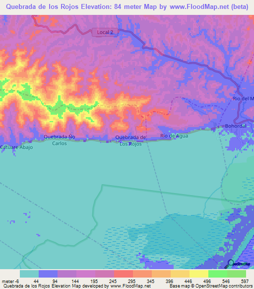 Quebrada de los Rojos,Venezuela Elevation Map