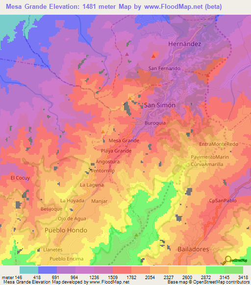 Mesa Grande,Venezuela Elevation Map