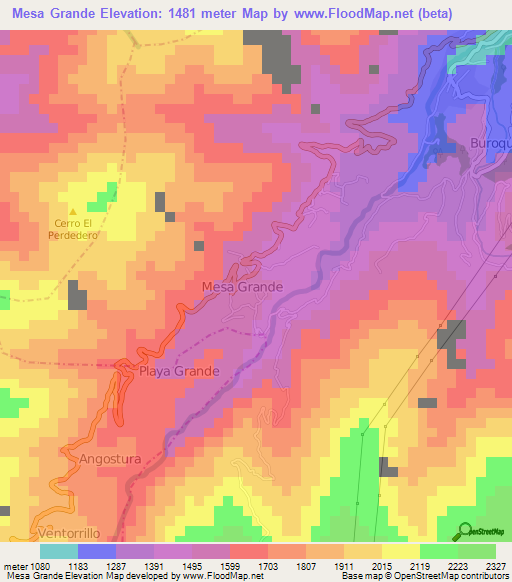Mesa Grande,Venezuela Elevation Map