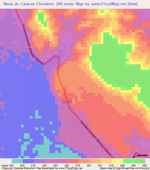 Mesa de Caracas,Venezuela Elevation Map