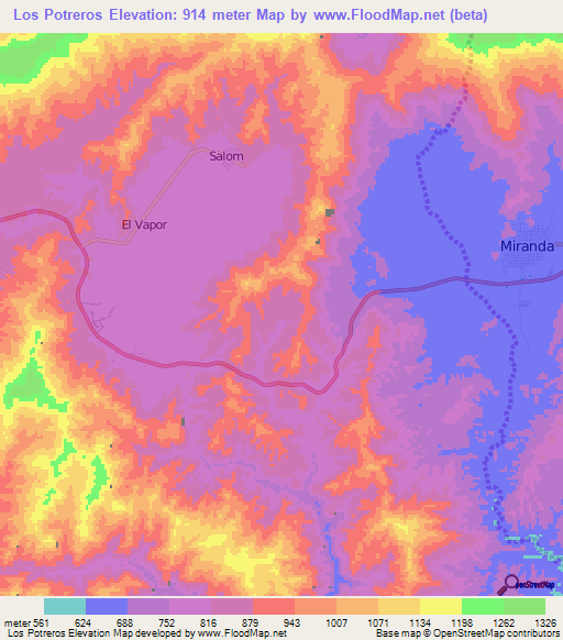 Los Potreros,Venezuela Elevation Map