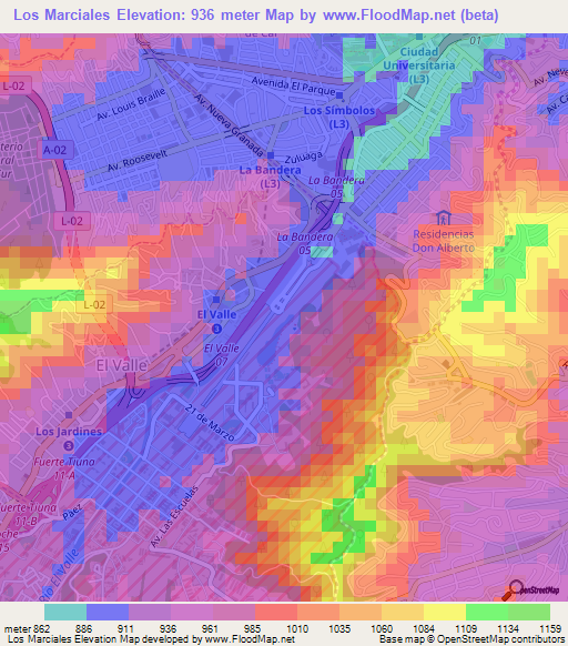 Los Marciales,Venezuela Elevation Map