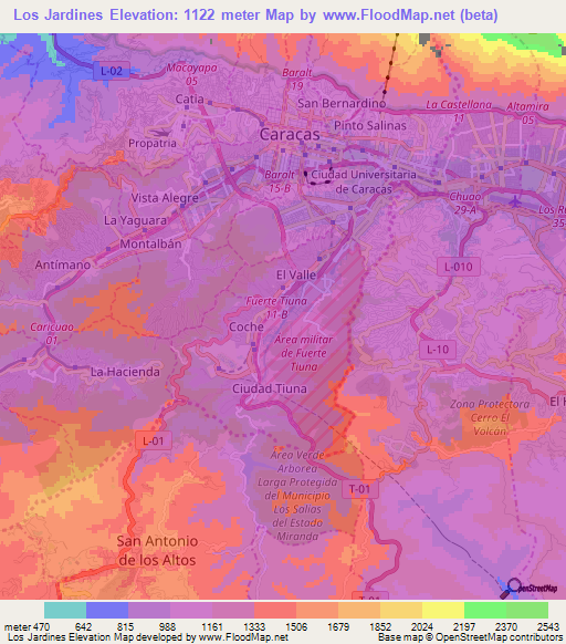 Los Jardines,Venezuela Elevation Map