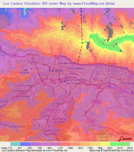 Los Caobos,Venezuela Elevation Map