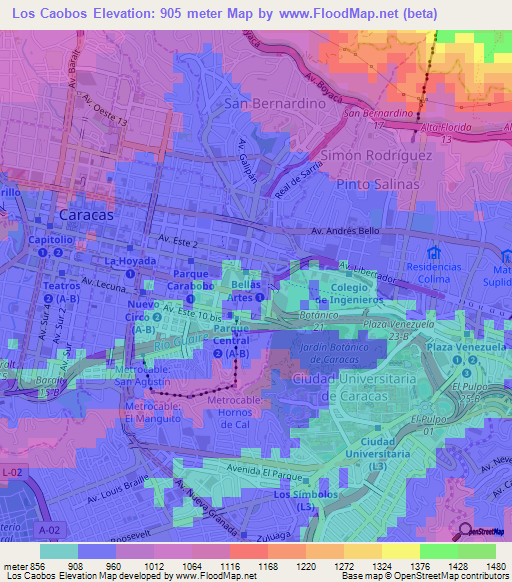 Los Caobos,Venezuela Elevation Map