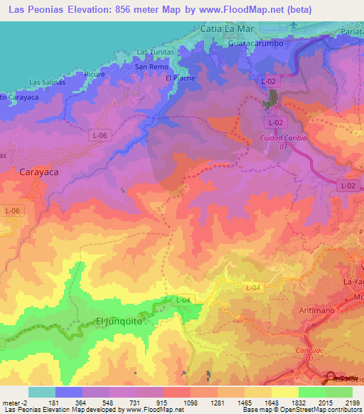 Las Peonias,Venezuela Elevation Map