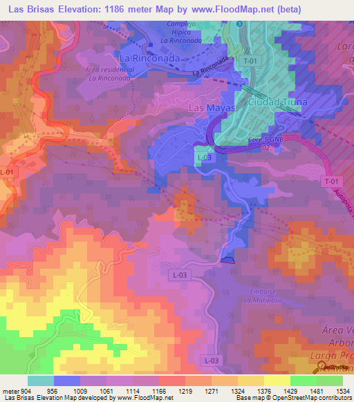 Las Brisas,Venezuela Elevation Map