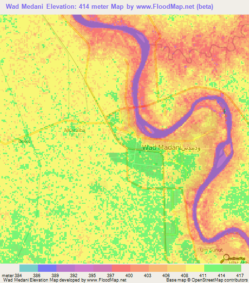 Wad Medani,Sudan Elevation Map