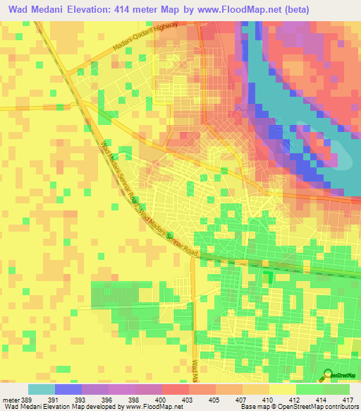 Wad Medani,Sudan Elevation Map