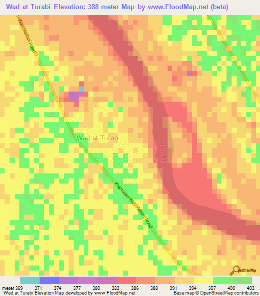 Wad at Turabi,Sudan Elevation Map