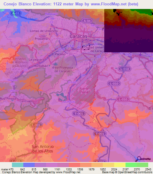 Conejo Blanco,Venezuela Elevation Map