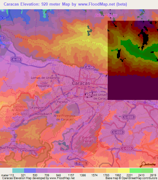 Caracas,Venezuela Elevation Map