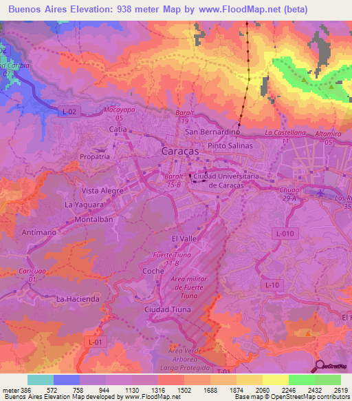 Buenos Aires,Venezuela Elevation Map