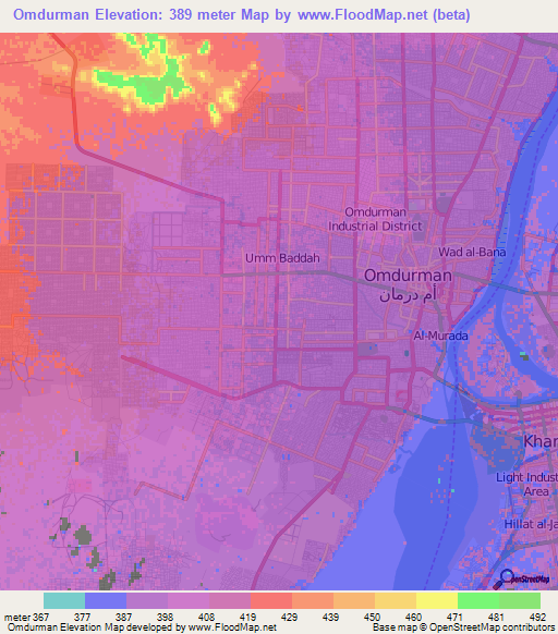 Omdurman,Sudan Elevation Map