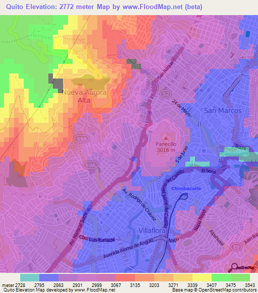 Quito,Ecuador Elevation Map