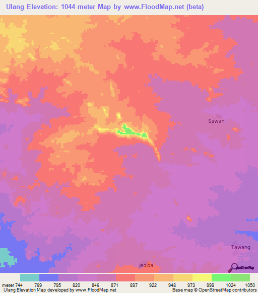 Ulang,Sudan Elevation Map