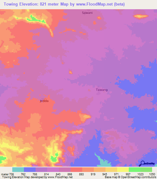 Towing,Sudan Elevation Map