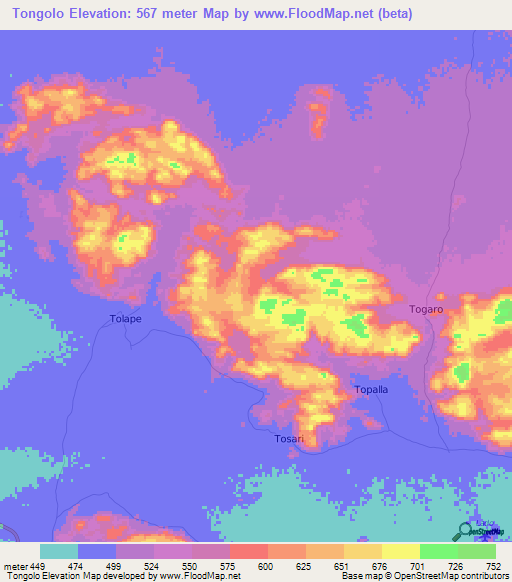 Tongolo,Sudan Elevation Map
