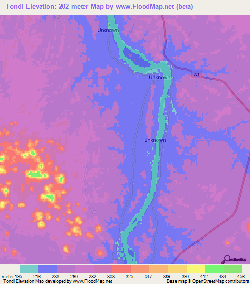 Tondi,Sudan Elevation Map