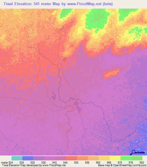 Tiwal,Sudan Elevation Map