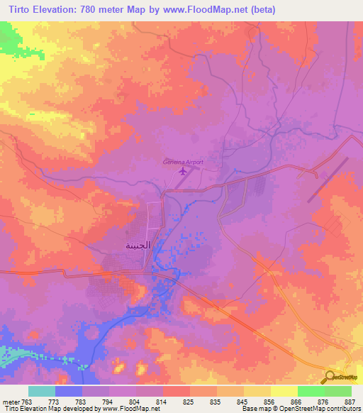 Tirto,Sudan Elevation Map