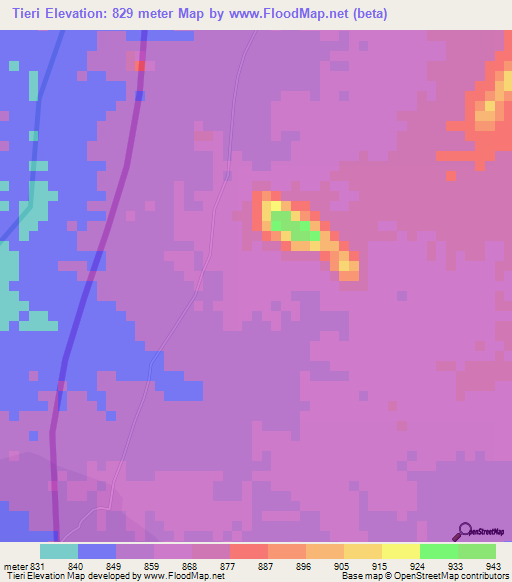 Tieri,Sudan Elevation Map