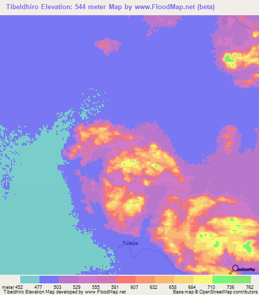 Tibeldhiro,Sudan Elevation Map