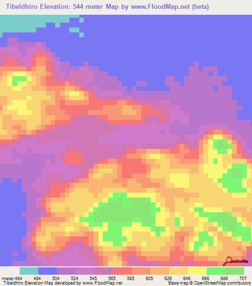 Tibeldhiro,Sudan Elevation Map