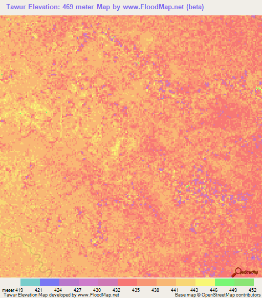 Tawur,Sudan Elevation Map