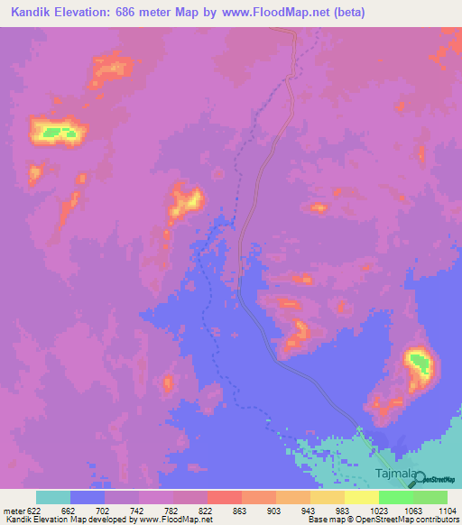 Kandik,Sudan Elevation Map