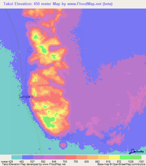 Takoi,Sudan Elevation Map