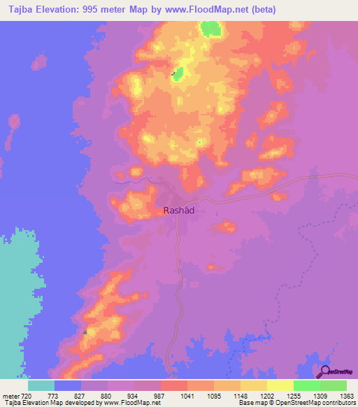 Tajba,Sudan Elevation Map
