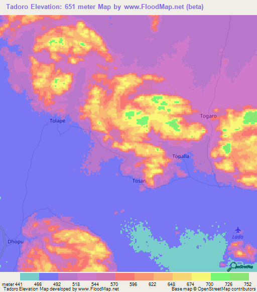 Tadoro,Sudan Elevation Map