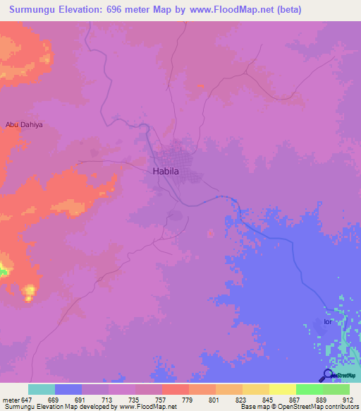 Surmungu,Sudan Elevation Map