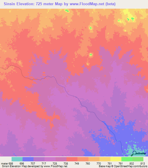 Sinsin,Sudan Elevation Map