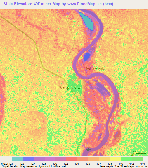 Sinja,Sudan Elevation Map