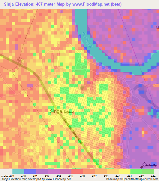 Sinja,Sudan Elevation Map
