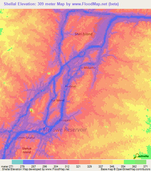 Shellal,Sudan Elevation Map