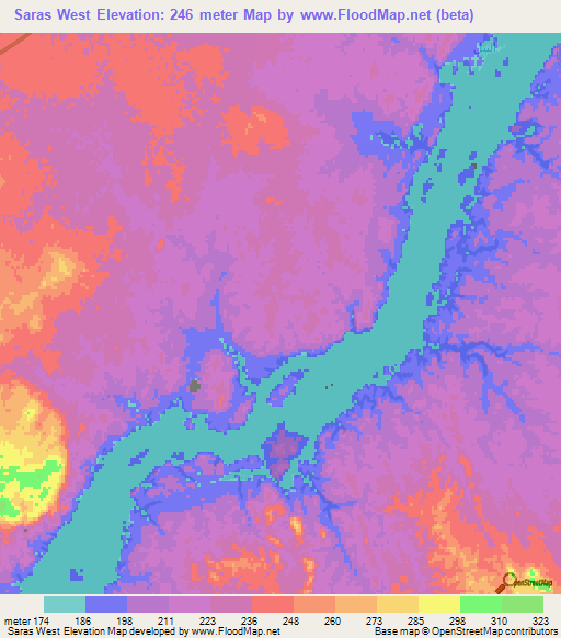 Saras West,Sudan Elevation Map