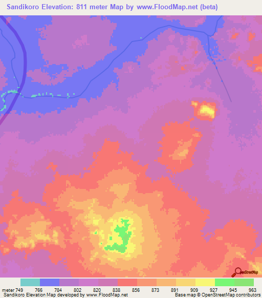 Sandikoro,Sudan Elevation Map