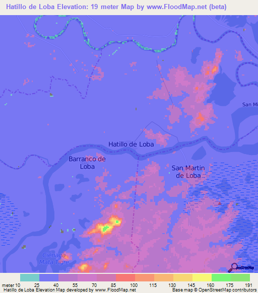Hatillo de Loba,Colombia Elevation Map