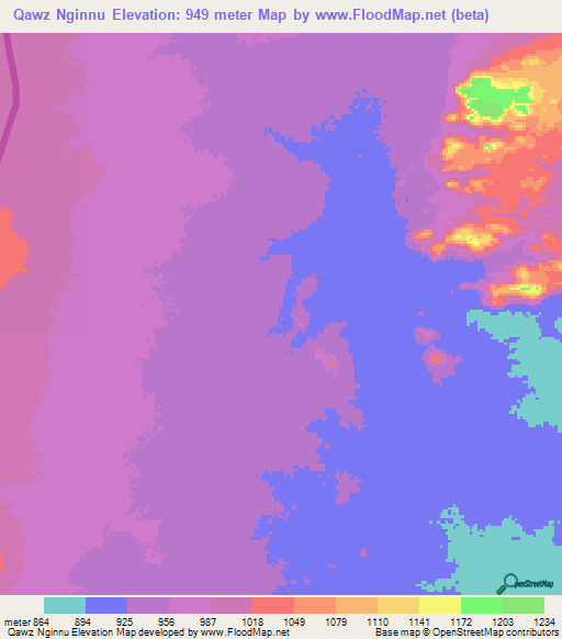 Qawz Nginnu,Sudan Elevation Map