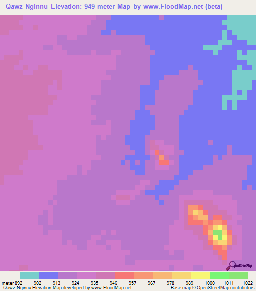 Qawz Nginnu,Sudan Elevation Map