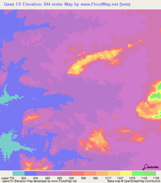 Qawz Fil,Sudan Elevation Map