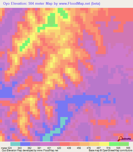 Oyo,Sudan Elevation Map